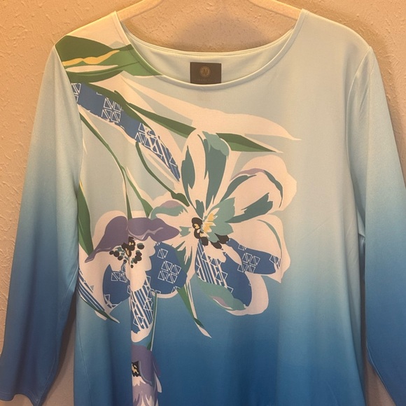 JM Collection Tropical Pullover Tunic Top Bloom Delight Ocean Turquoise Medium - Picture 2 of 8